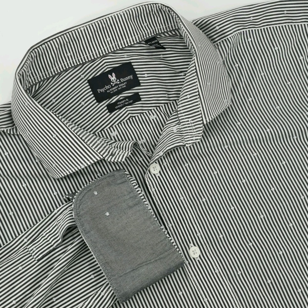 Psycho Bunny Modern Fit Stretch Non Iron Black Stripes Dress Shirt 17.5 34/35